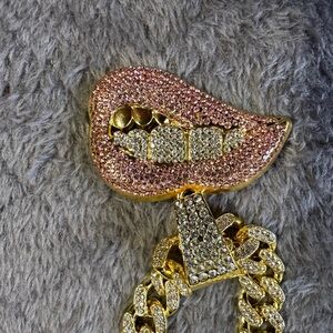 Gold and Pink Lip Pendant Necklace
